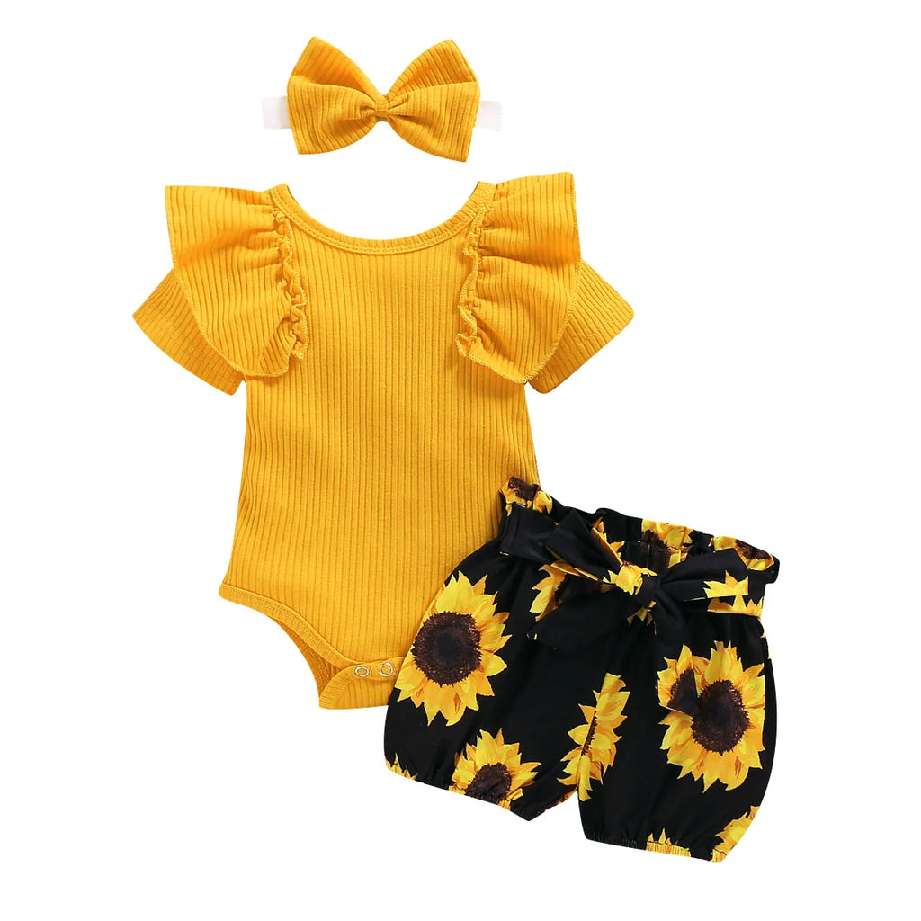 0-24M Newborn Infant Baby Girl Clothing Set Short Sleeve Yellow Solid Romper Top Sumflower Printed Shorts 3Pcs Outfit