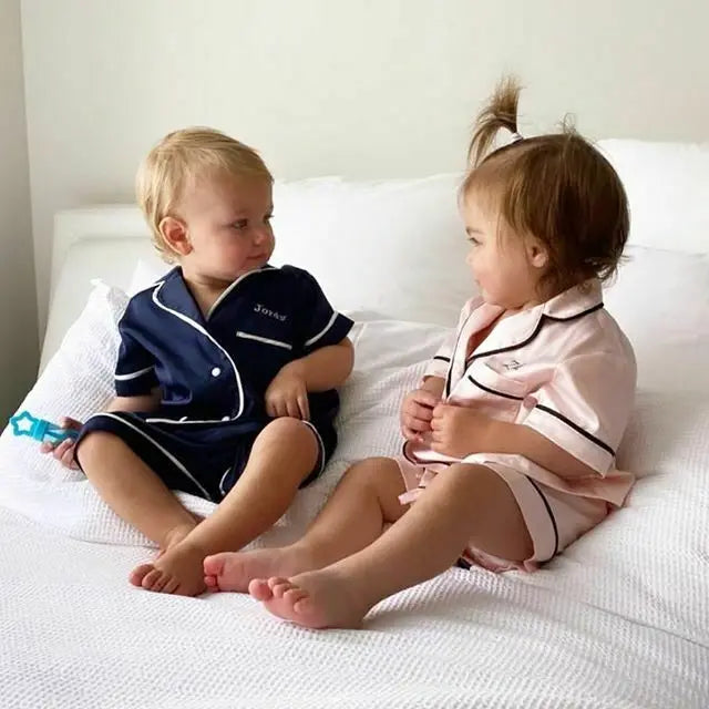 1-6T Kids Baby Boys Girls Silk Pajamas Sleepwear Outfit Short Sleeve Solid Shirt + Pants Nightwear Set