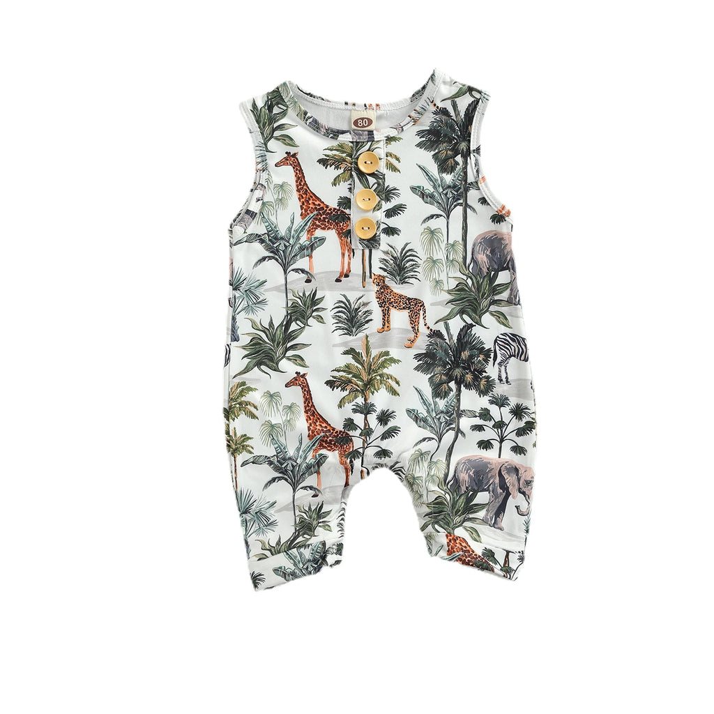 Summer Newborn Baby Boys Girls Sleeveless Romper Casual Animal Tree Print Button Front Jumpsuit Clothes