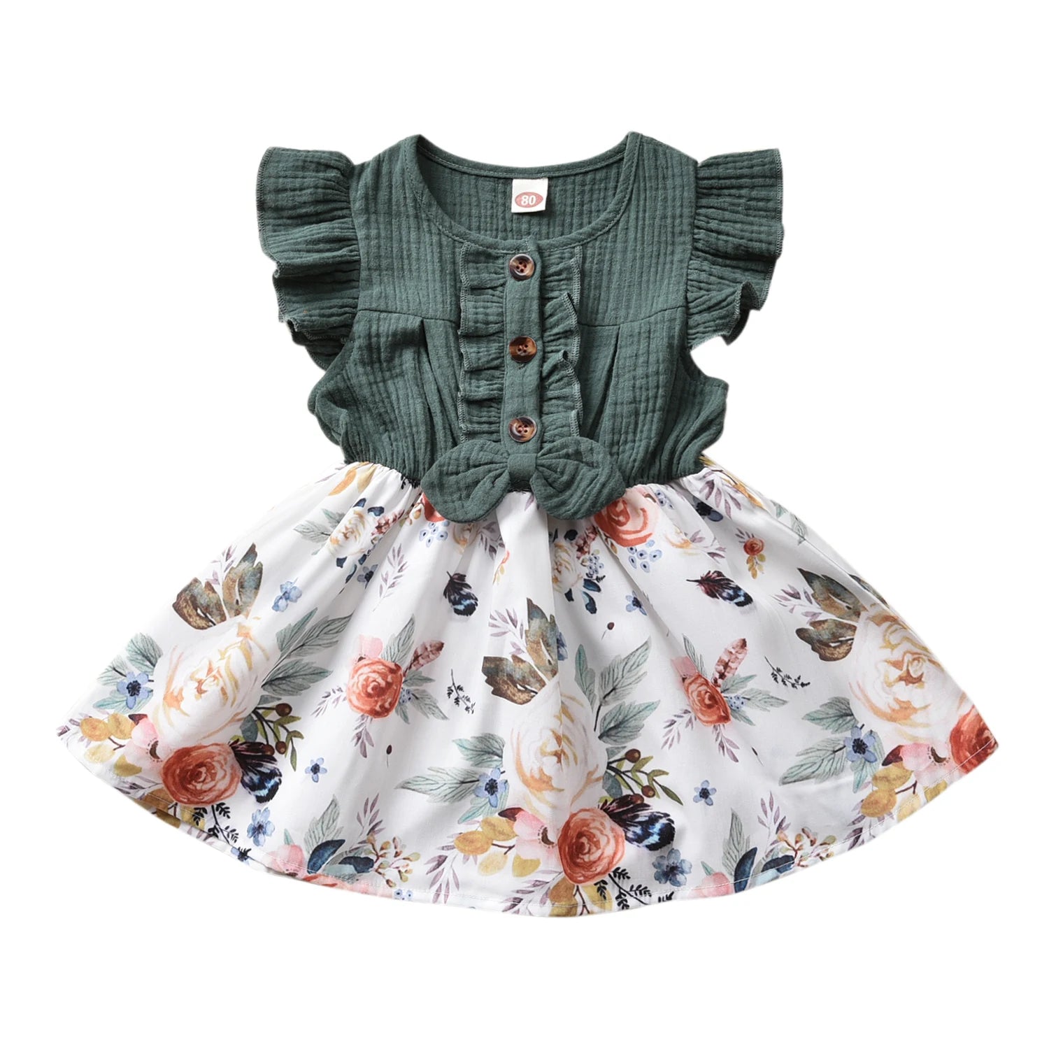 Summer 1-5Years Baby Girls Dress Bowknot Flowers Print Ruffles Sleeve Knee Patchwork Length A-Line Dress