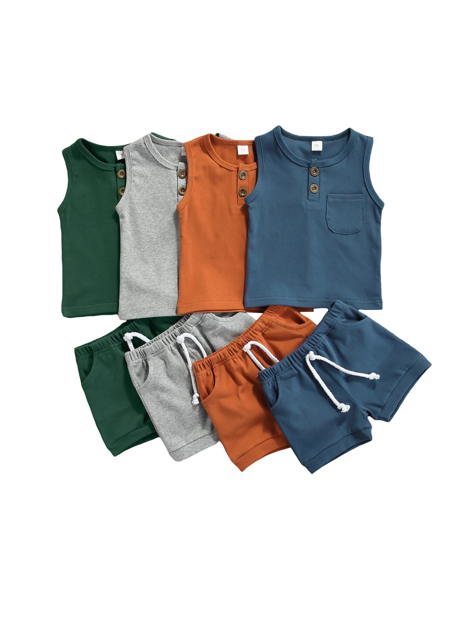 Summer Solid Newborn Baby Girls Boys Outfits Round Neck Sleeveless Tops Pocket + Shorts Clothes Set