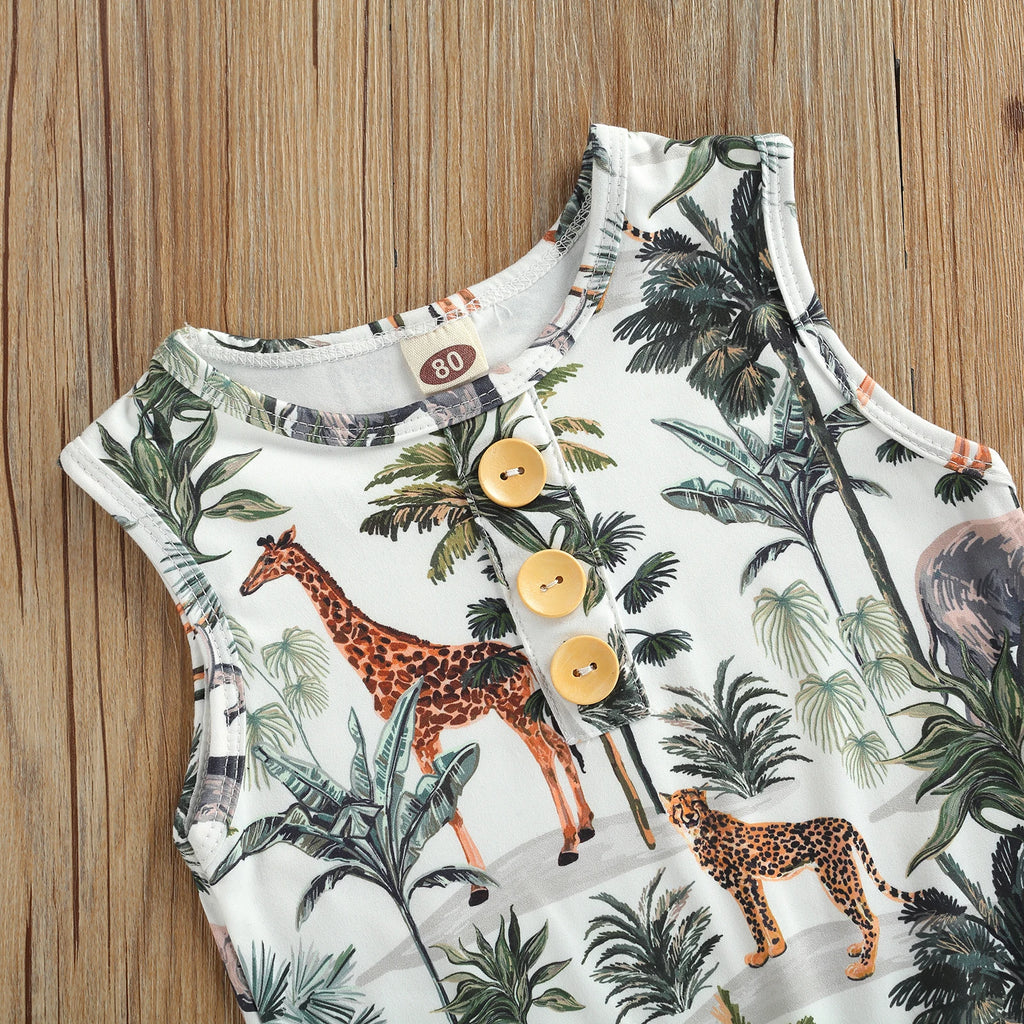 Summer Newborn Baby Boys Girls Sleeveless Romper Casual Animal Tree Print Button Front Jumpsuit Clothes