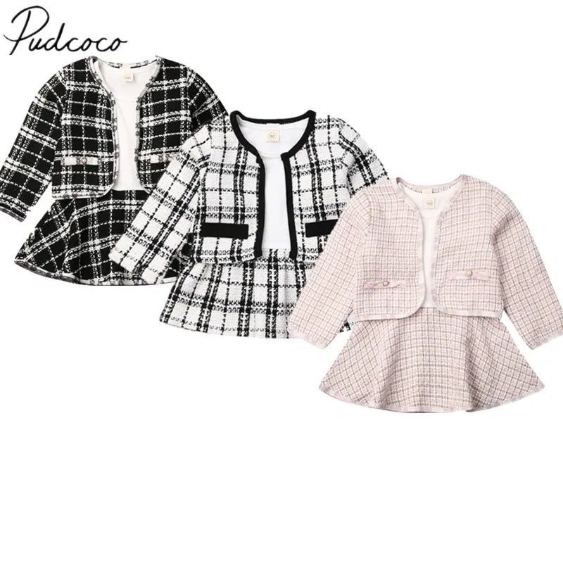 6M-5T 2PCS Baby Spring Autumn Clothing Baby Girl Pageant Plaid Coat & Tutu Dress Party Outfits Fashion Clothes