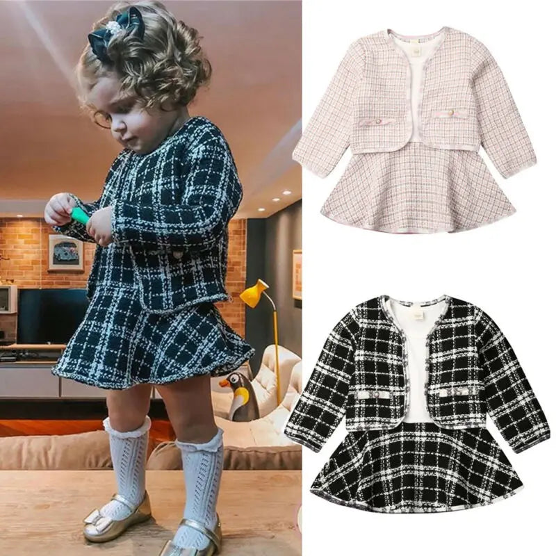 6M-5T 2PCS Baby Spring Autumn Clothing Baby Girl Pageant Plaid Coat & Tutu Dress Party Outfits Fashion Clothes
