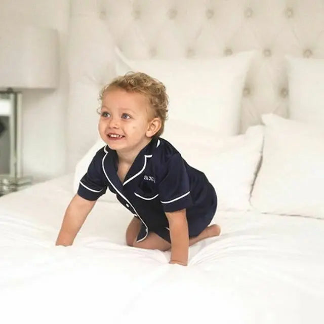 1-6T Kids Baby Boys Girls Silk Pajamas Sleepwear Outfit Short Sleeve Solid Shirt + Pants Nightwear Set