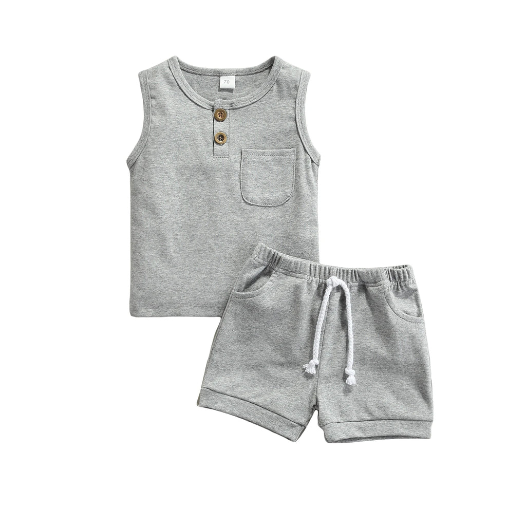 Summer Solid Newborn Baby Girls Boys Outfits Round Neck Sleeveless Tops Pocket + Shorts Clothes Set