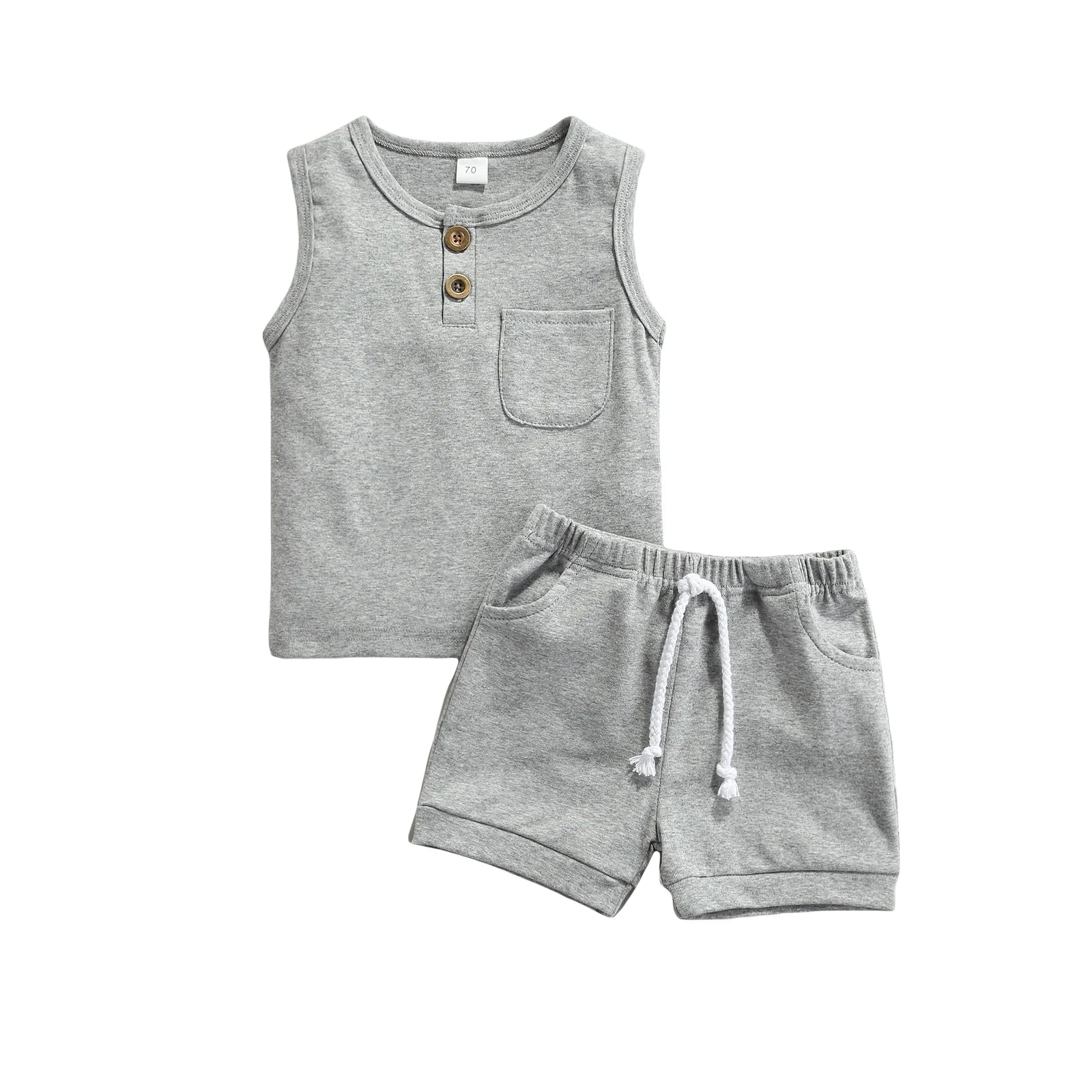 Summer Solid Newborn Baby Girls Boys Outfits Round Neck Sleeveless Tops Pocket + Shorts Clothes Set