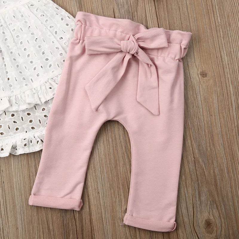 New Fashion 0-24M Lovely Newborn Kid Baby Girl Clothes Set Top T-Shirt Cotton Bow Pants Headband 3PCS Outfit