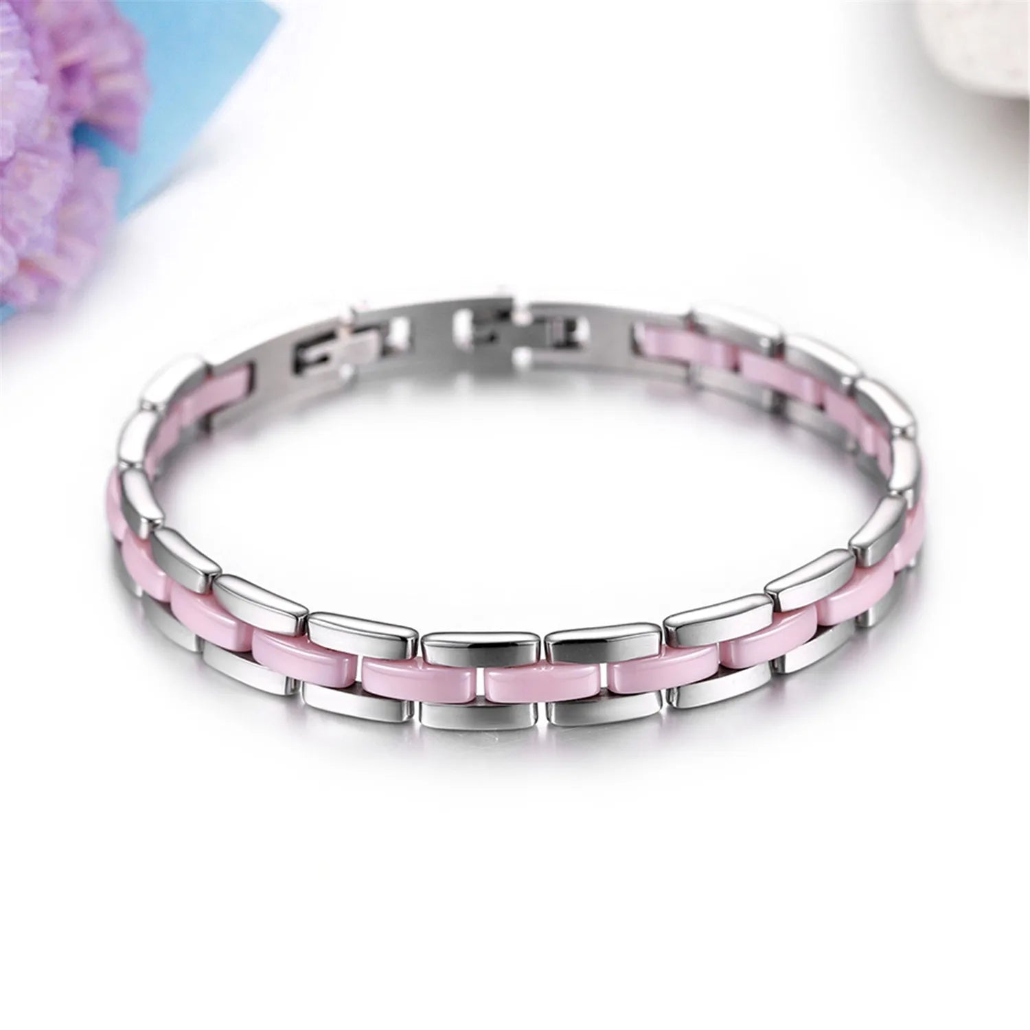 Girls Ceramic Romantic Pink Bracelets Women Stainless Steel Bangle Classic Fashion Jewelry Female Fashion