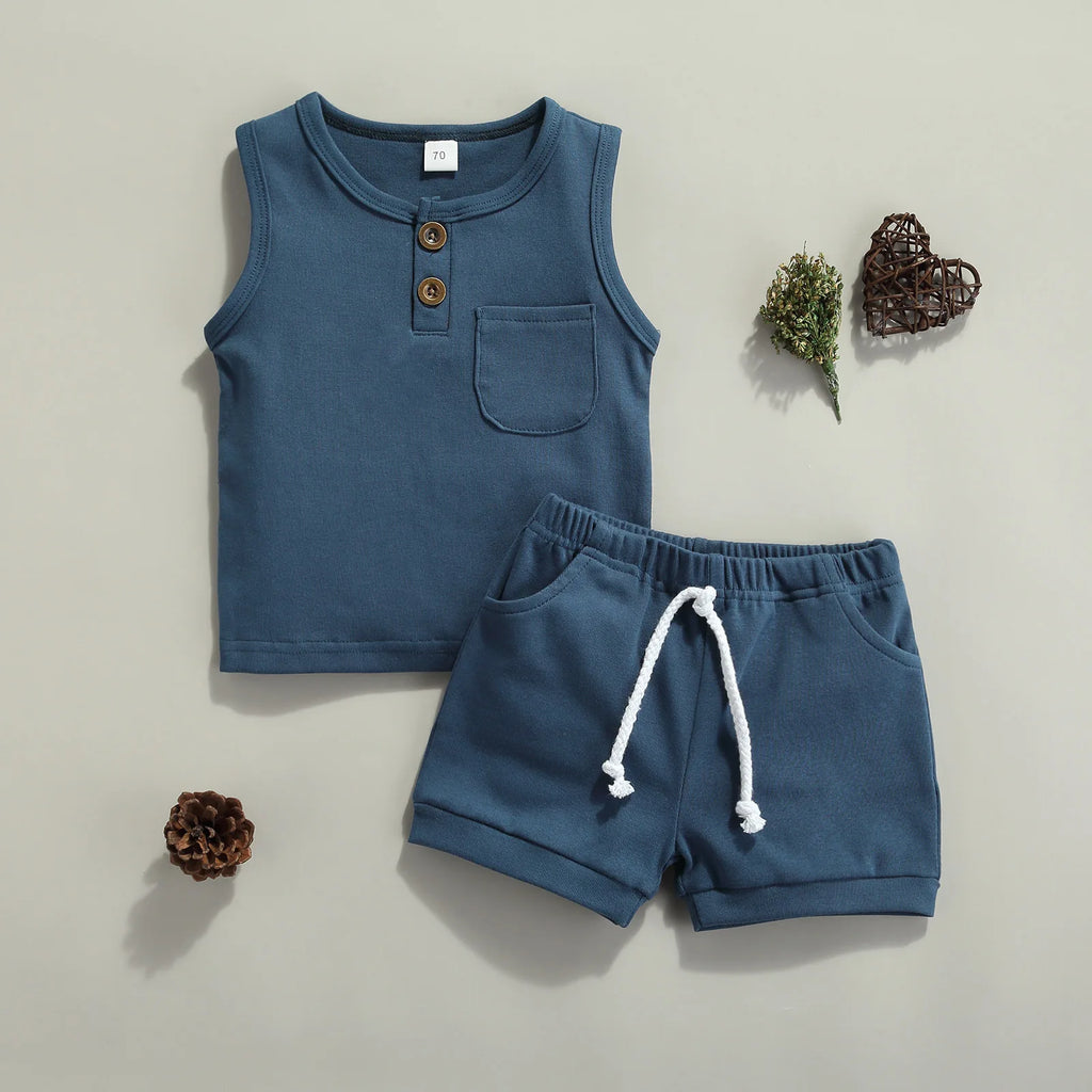 Summer Solid Newborn Baby Girls Boys Outfits Round Neck Sleeveless Tops Pocket + Shorts Clothes Set