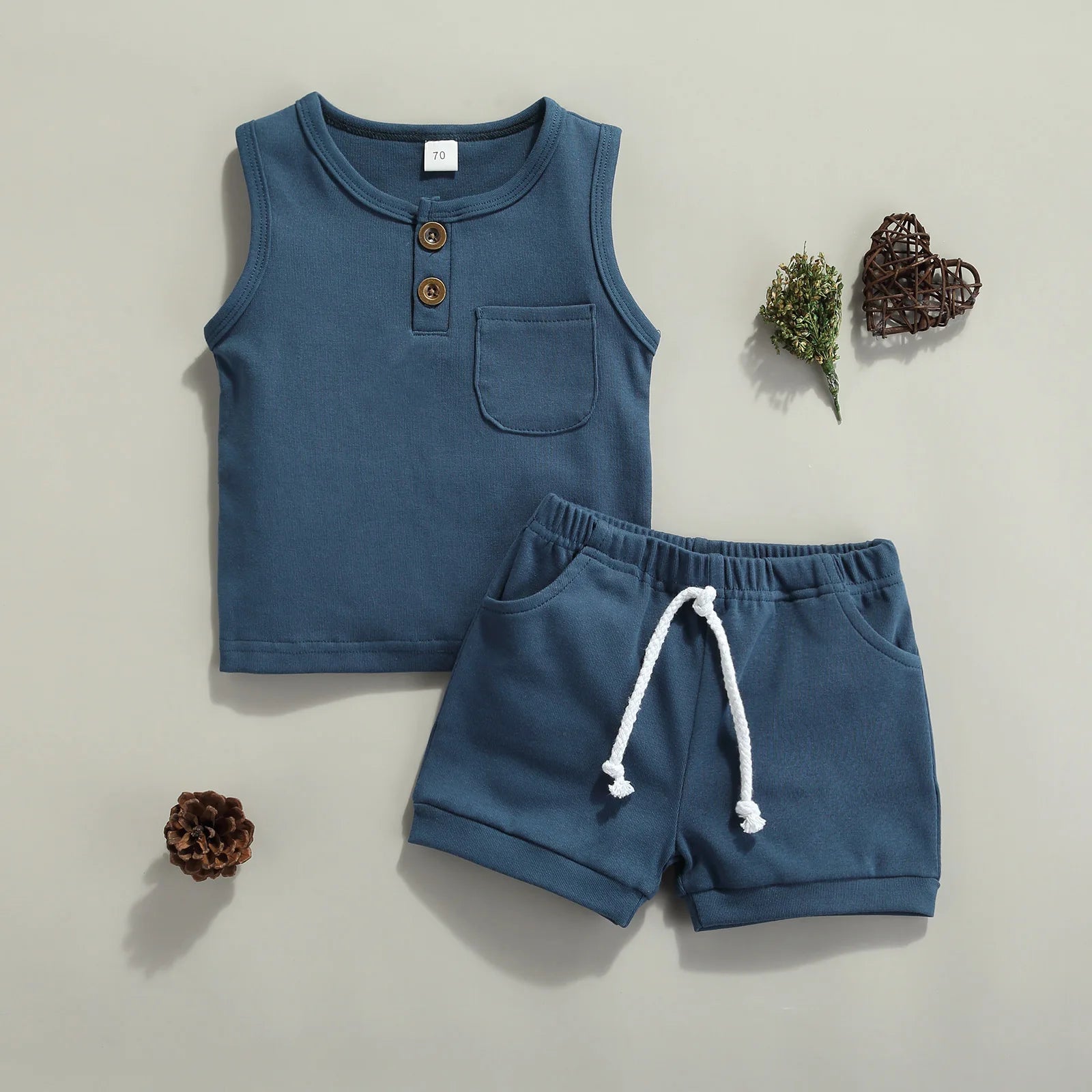 Summer Solid Newborn Baby Girls Boys Outfits Round Neck Sleeveless Tops Pocket + Shorts Clothes Set