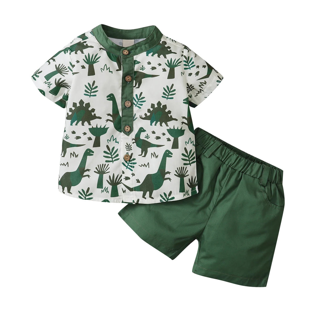 Citgeett Summer 1-5Years Toddler Boy 2Pcs Outfits Short Sleeve Button Down Shirt + Elastic Waist Shorts Clothes Dinosaur Set