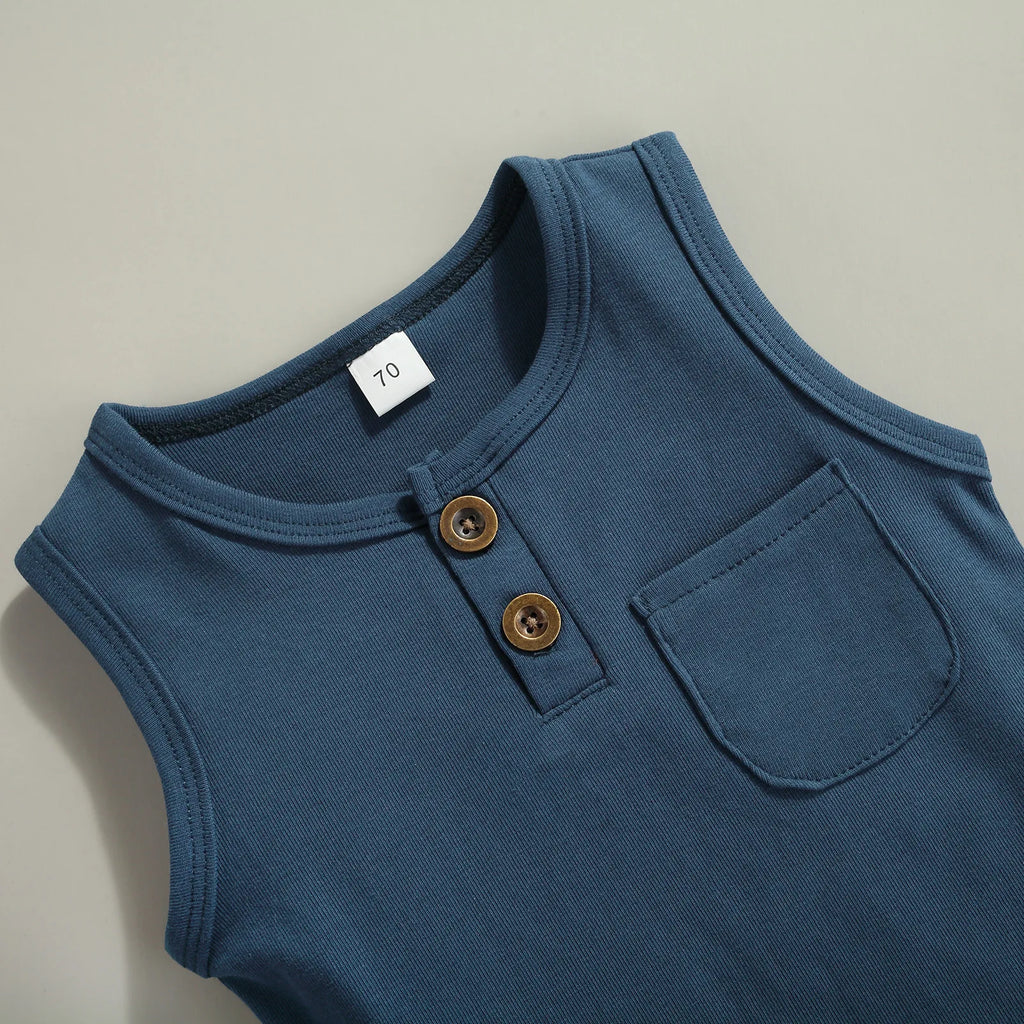 Summer Solid Newborn Baby Girls Boys Outfits Round Neck Sleeveless Tops Pocket + Shorts Clothes Set