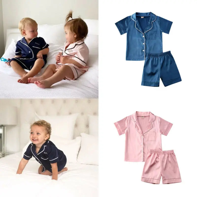 1-6T Kids Baby Boys Girls Silk Pajamas Sleepwear Outfit Short Sleeve Solid Shirt + Pants Nightwear Set