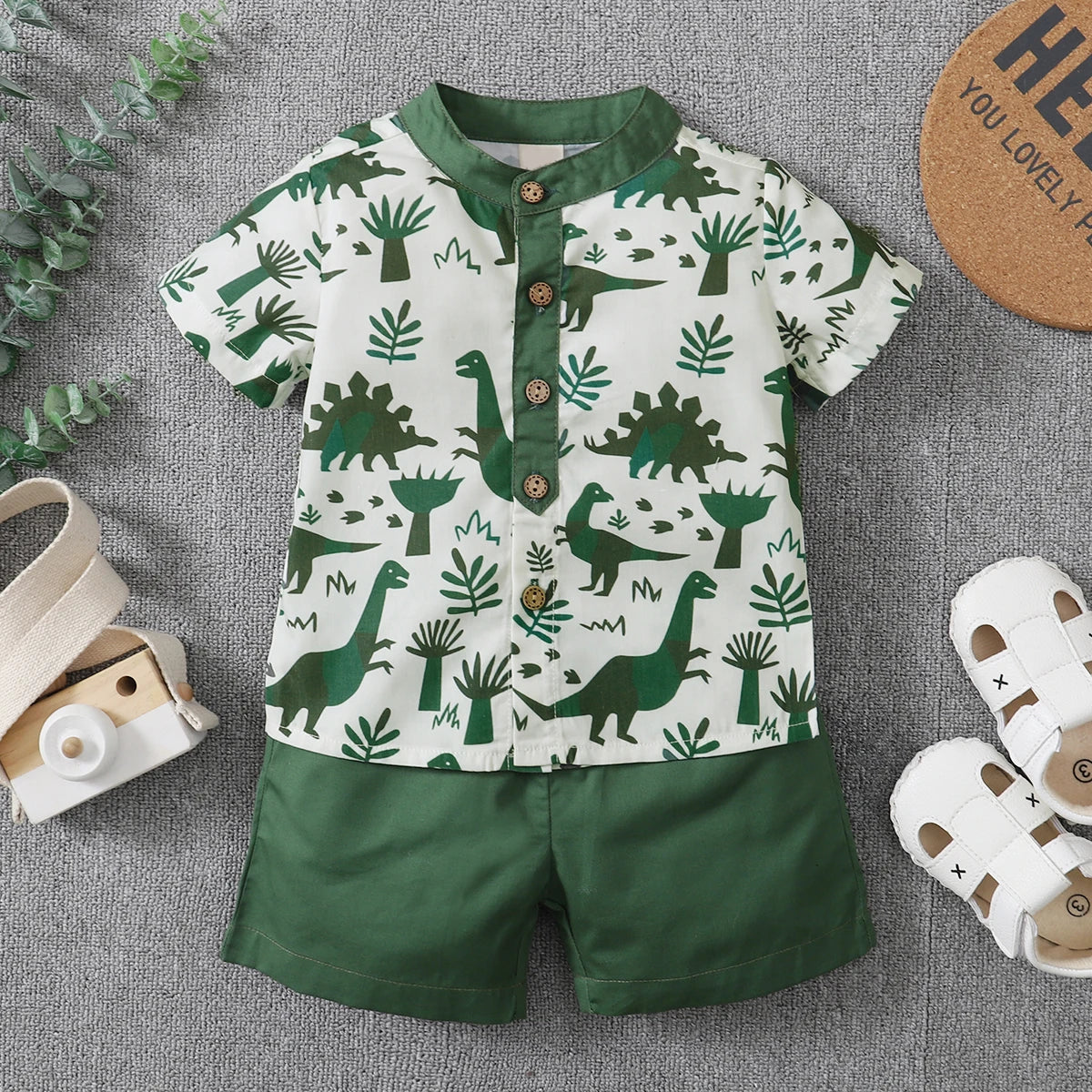 Citgeett Summer 1-5Years Toddler Boy 2Pcs Outfits Short Sleeve Button Down Shirt + Elastic Waist Shorts Clothes Dinosaur Set