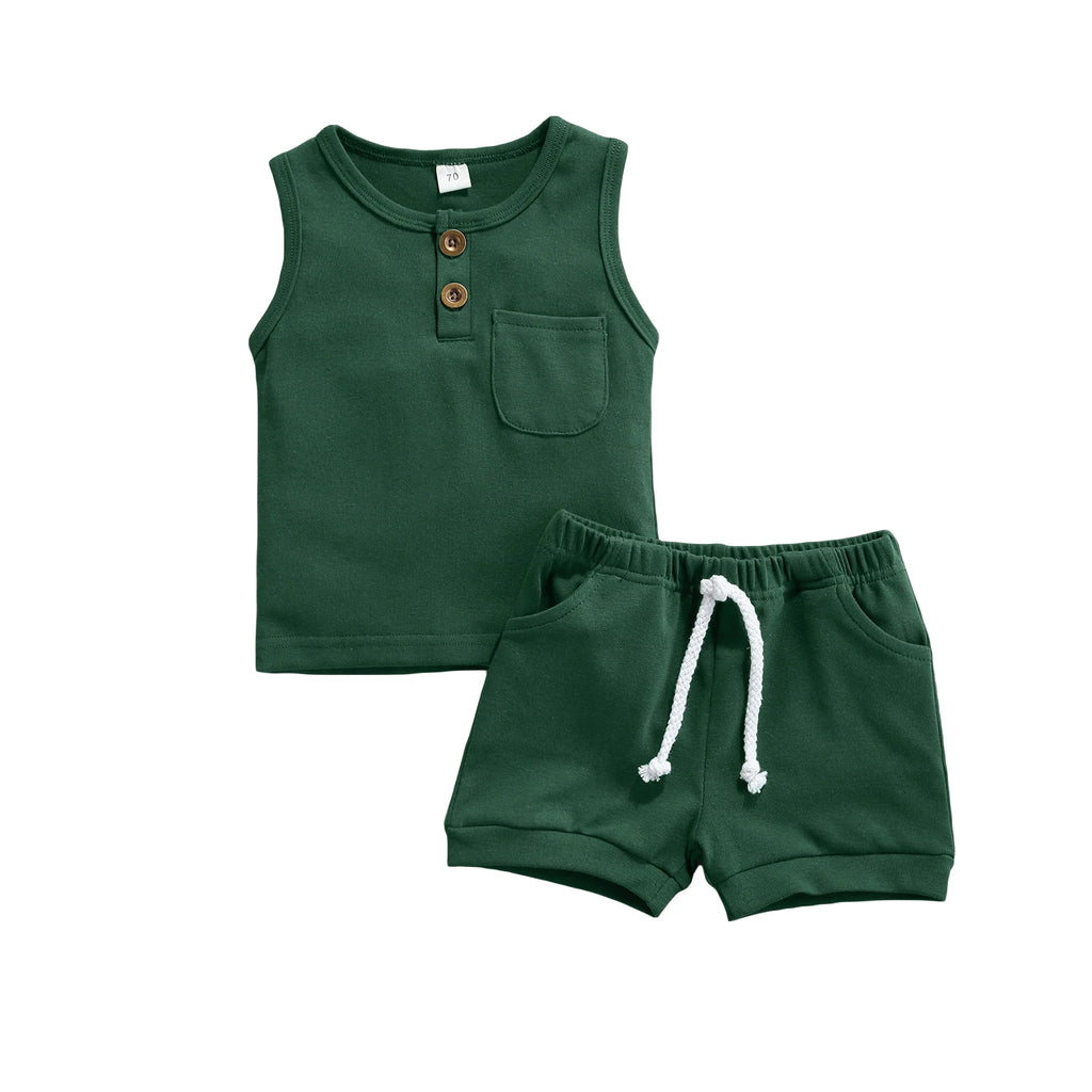 Summer Solid Newborn Baby Girls Boys Outfits Round Neck Sleeveless Tops Pocket + Shorts Clothes Set