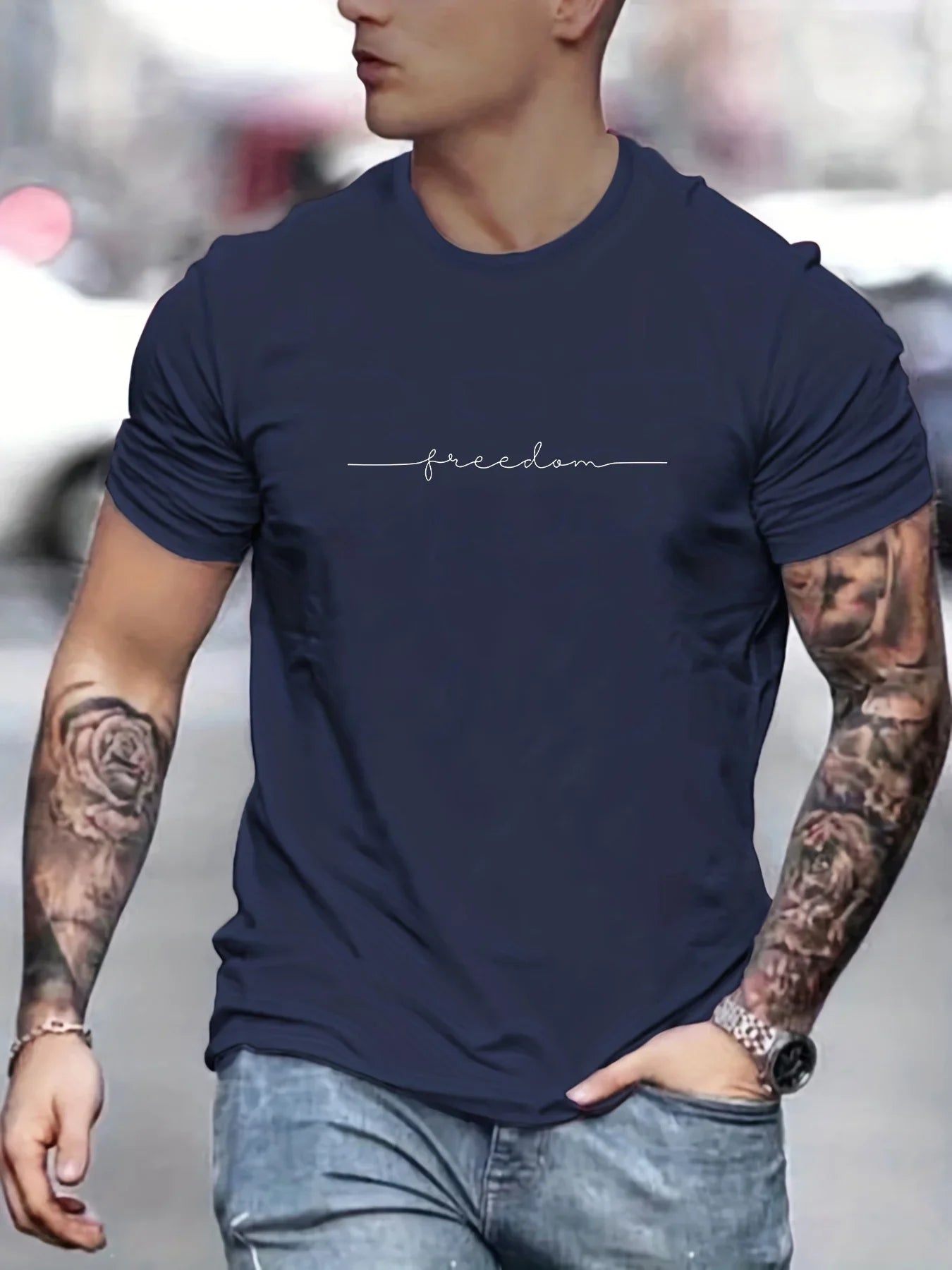 Men's Summer Loose Size 100% Cotton Freedom Graph Print Casual Slim Fit Round Neck T-shirt