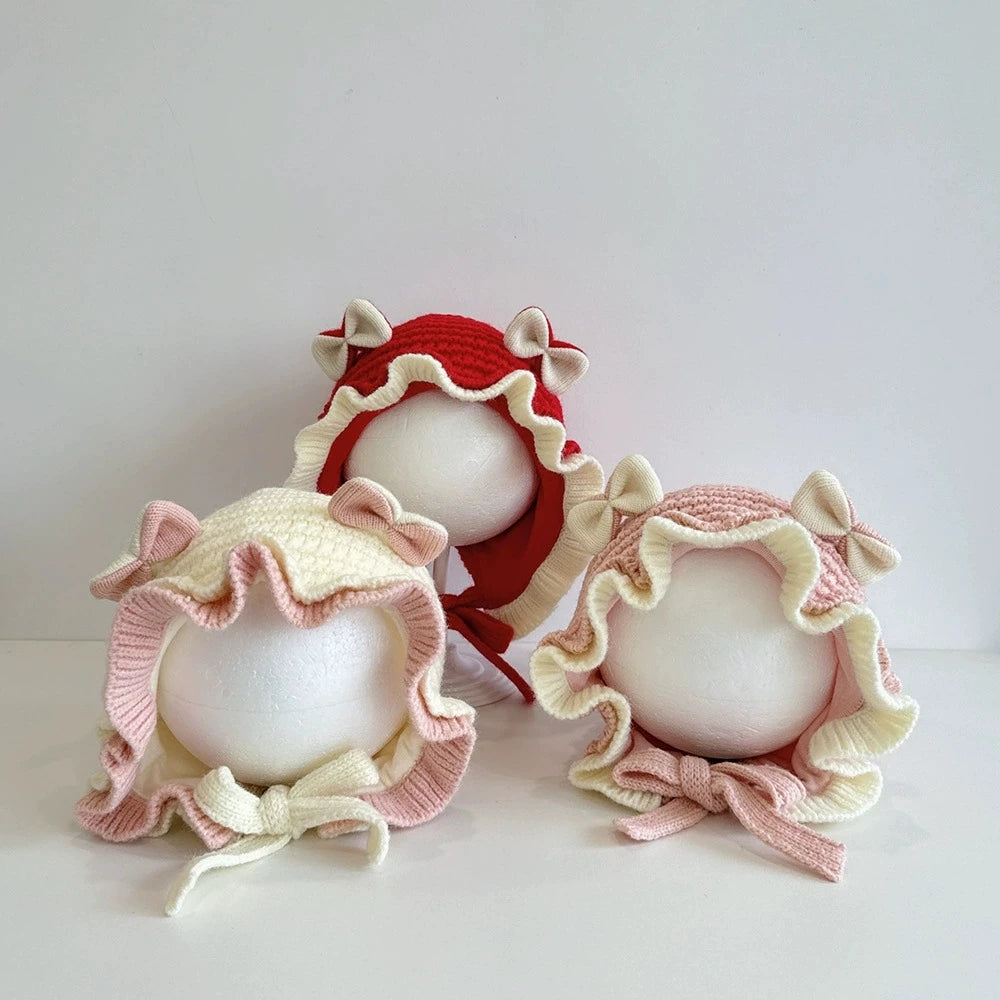 Cute Bow Baby Girl Winter Hat Soft Knitted Ruffle Infant Baby Ear Protection Thick Warm Windproof Toddler Earflap Beanie