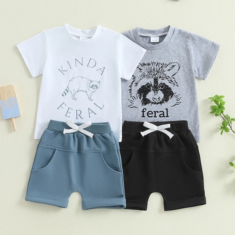 Toddler Baby Boy Shorts Set Bear/Raccoon Short Sleeve T-shirts Solid Elastic Waist Shorts Summer Outfit