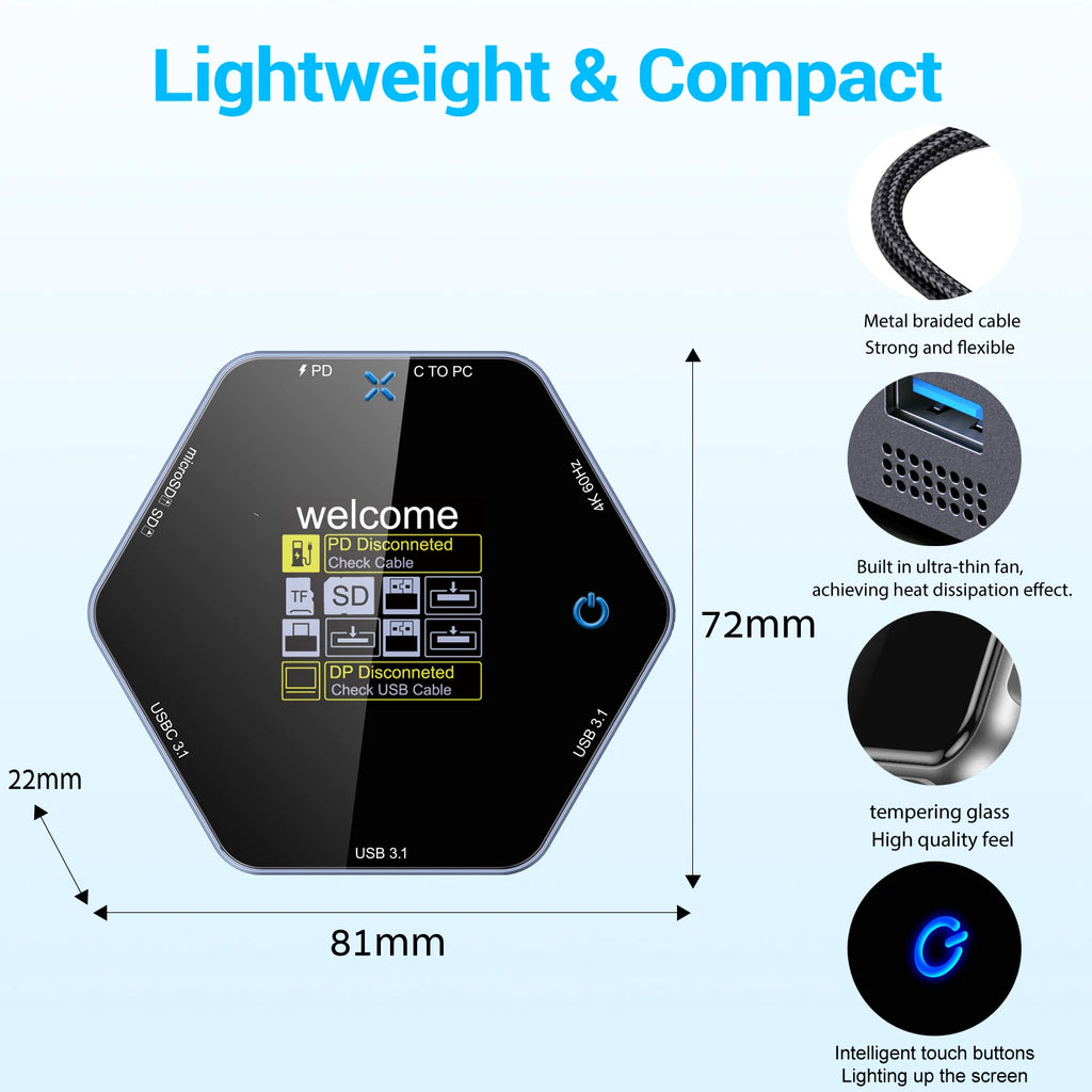CoolFish USB HUB Docking Station Type-C Smart Display 4K 60 hdtv 8 in 1 Multi Port Hub Splitter PD Charging USB Extender