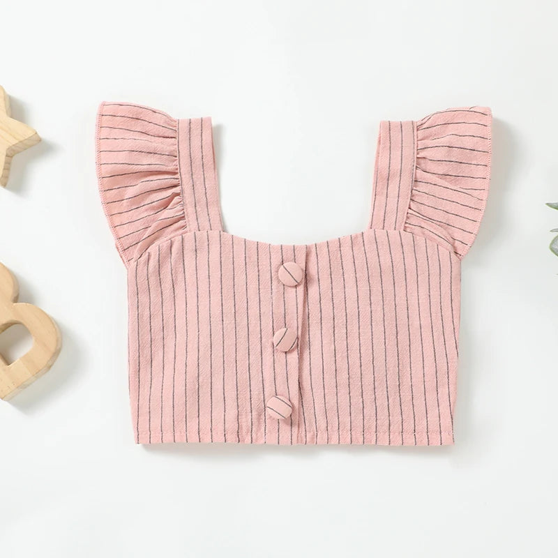 Toddler Girl Summer Outfits Stripe Print Flutter Sleeve Tank Tops + Belted Shorts 2Pcs Set