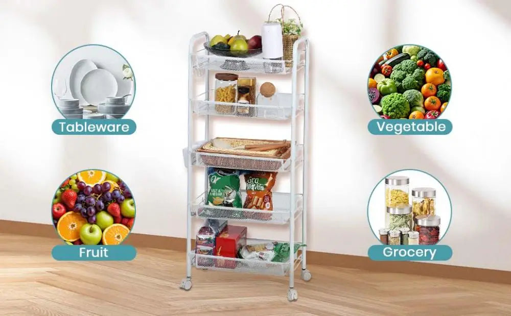 5-Tier Fruit & Vegetable Storage Rack – Hollow Mesh, Detachable Design, Strong Load-Bearing, Hooks Included,