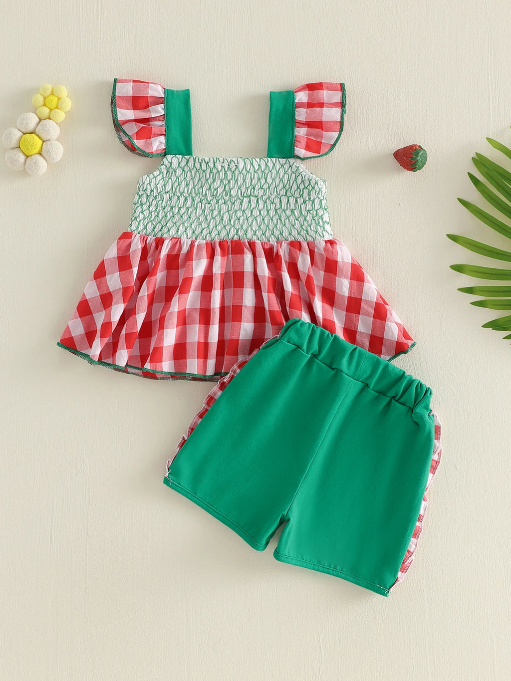 Adorable Toddler Girls 2 Piece Set with Cute Strawberry Embroidery Flutter Sleeve Top and Plaid Shorts - Fashionable Outfit