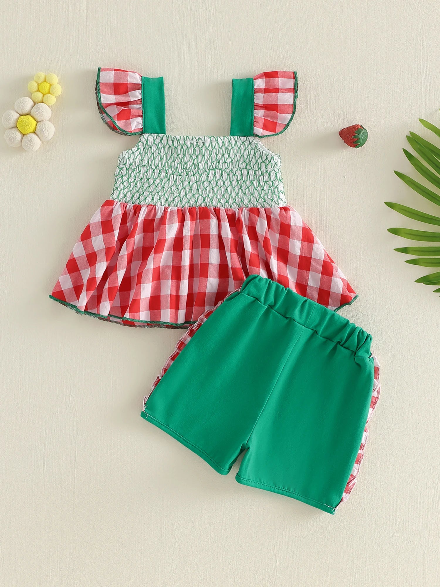 Adorable Toddler Girls 2 Piece Set with Cute Strawberry Embroidery Flutter Sleeve Top and Plaid Shorts - Fashionable Outfit