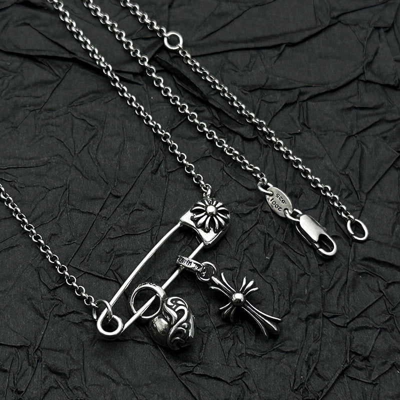 Sterling Silver, Retro and Old Peach Heart Cross Pin Necklace, American Men's and Women's Personalities