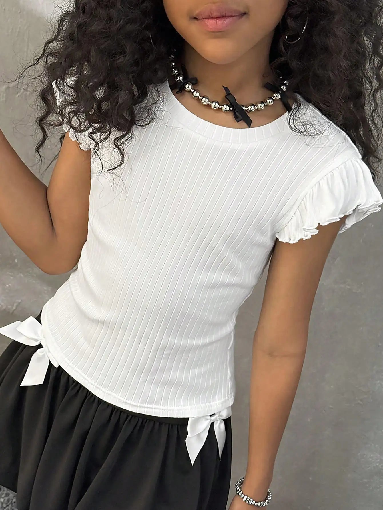 Girls White Ribbed T-Shirt with Ruffled Short Sleeves for Casual Wear