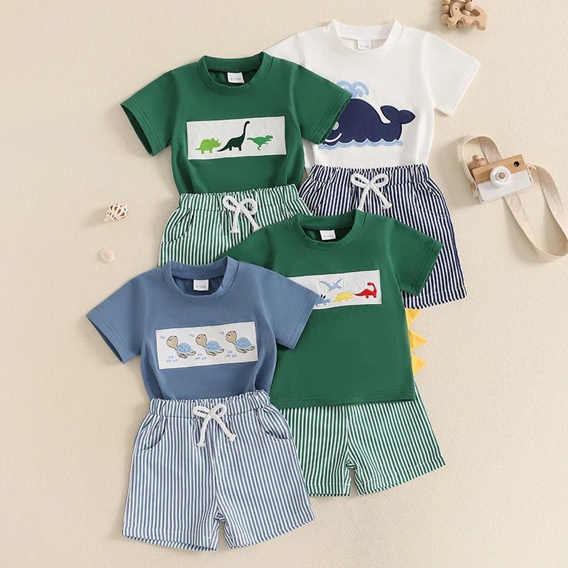 Toddler Baby Boy Shorts Set Whale/Dinosaur/Turtle Short Sleeve T-shirts Striped Elastic Waist Shorts Summer Outfit