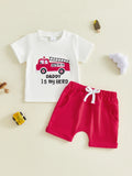 Baby Boy Fire Truck Applique Short Sleeve T-shirt and Solid Shorts Set for Summer - 2 Piece Toddler Outfit