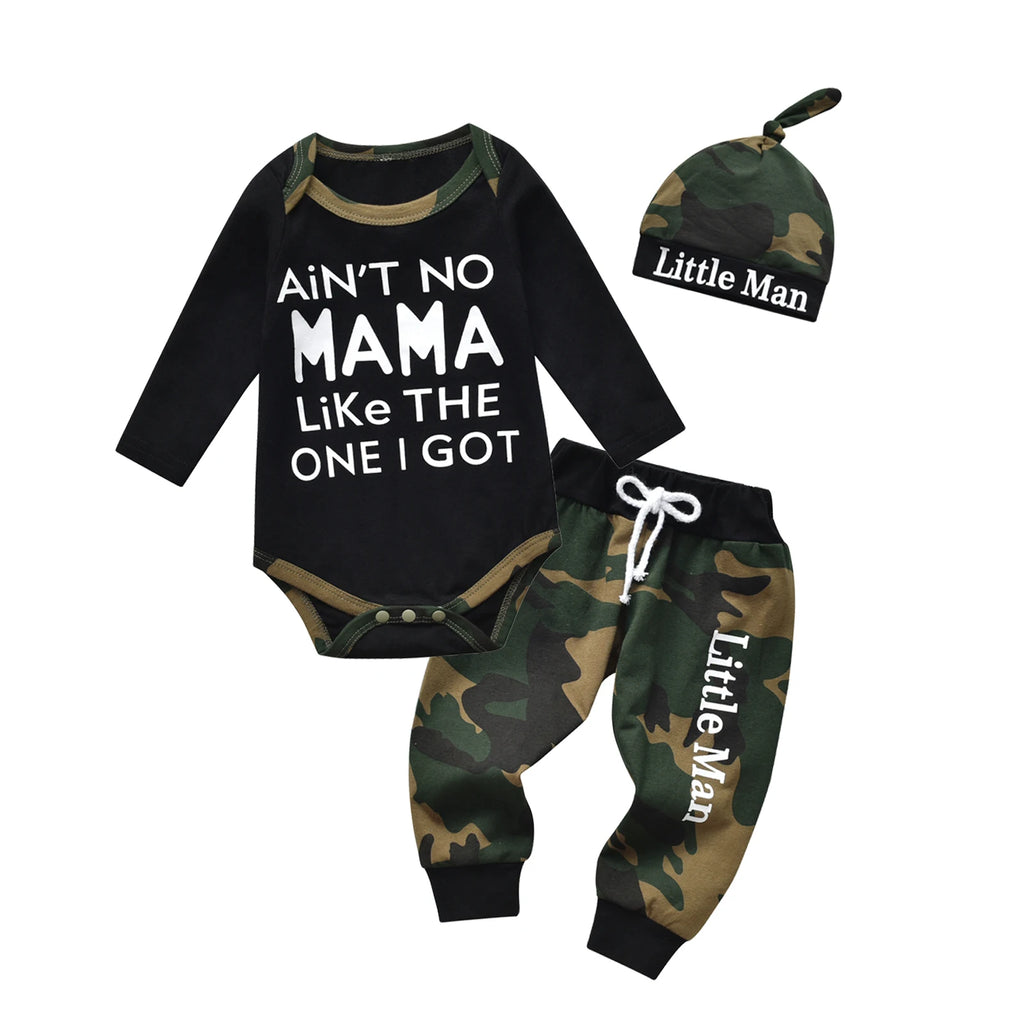 Newborn Baby Boy Clothes Long Sleeves Letter Print Romper Camouflage Long Pants Hat 3pcs Outfits Set