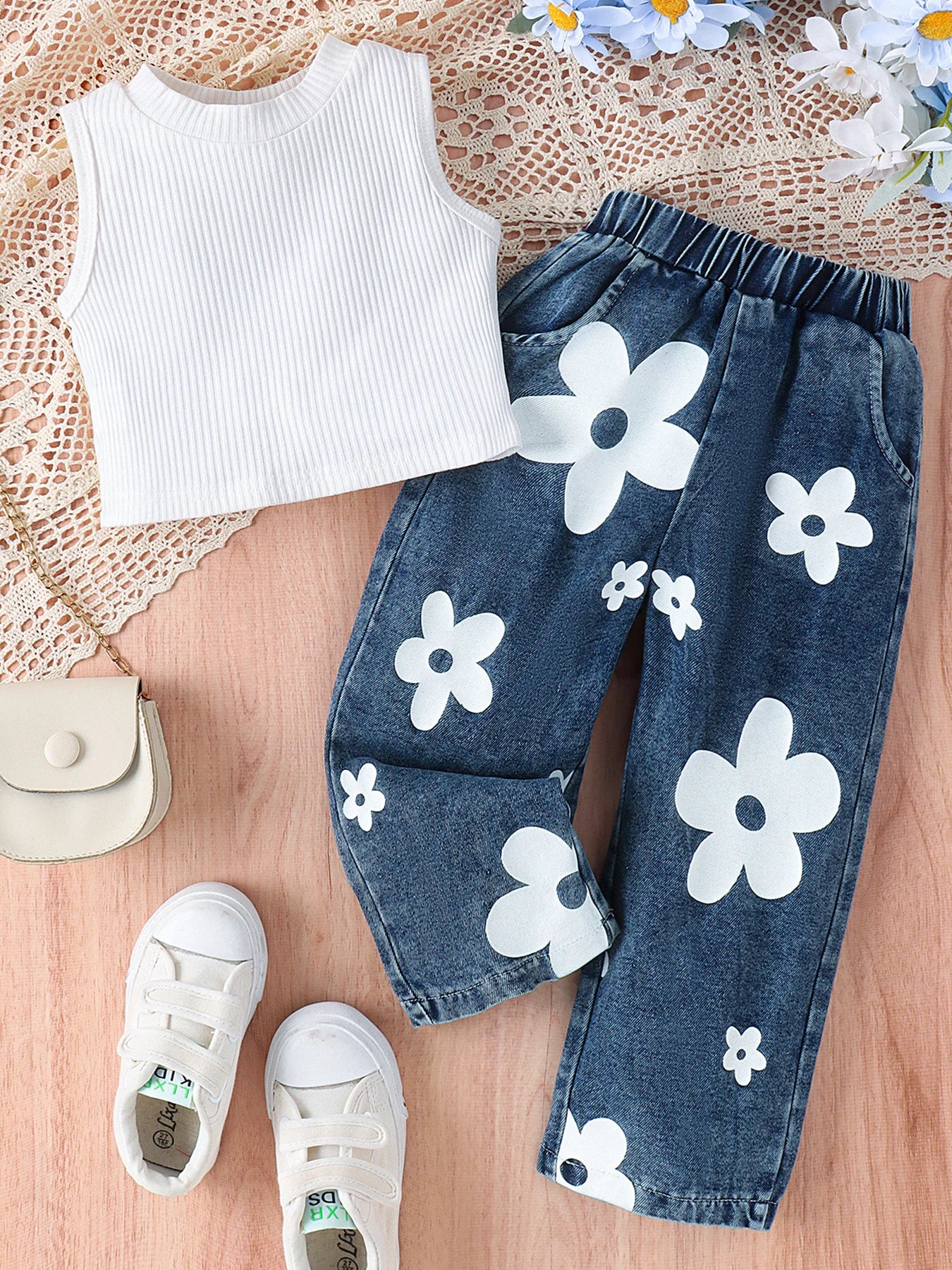 Toddler Girl Fashion Outfits, Solid Color Tank Top & Trendy Printed Jeans Set, Girl Summer Spring Clothes 1-5T