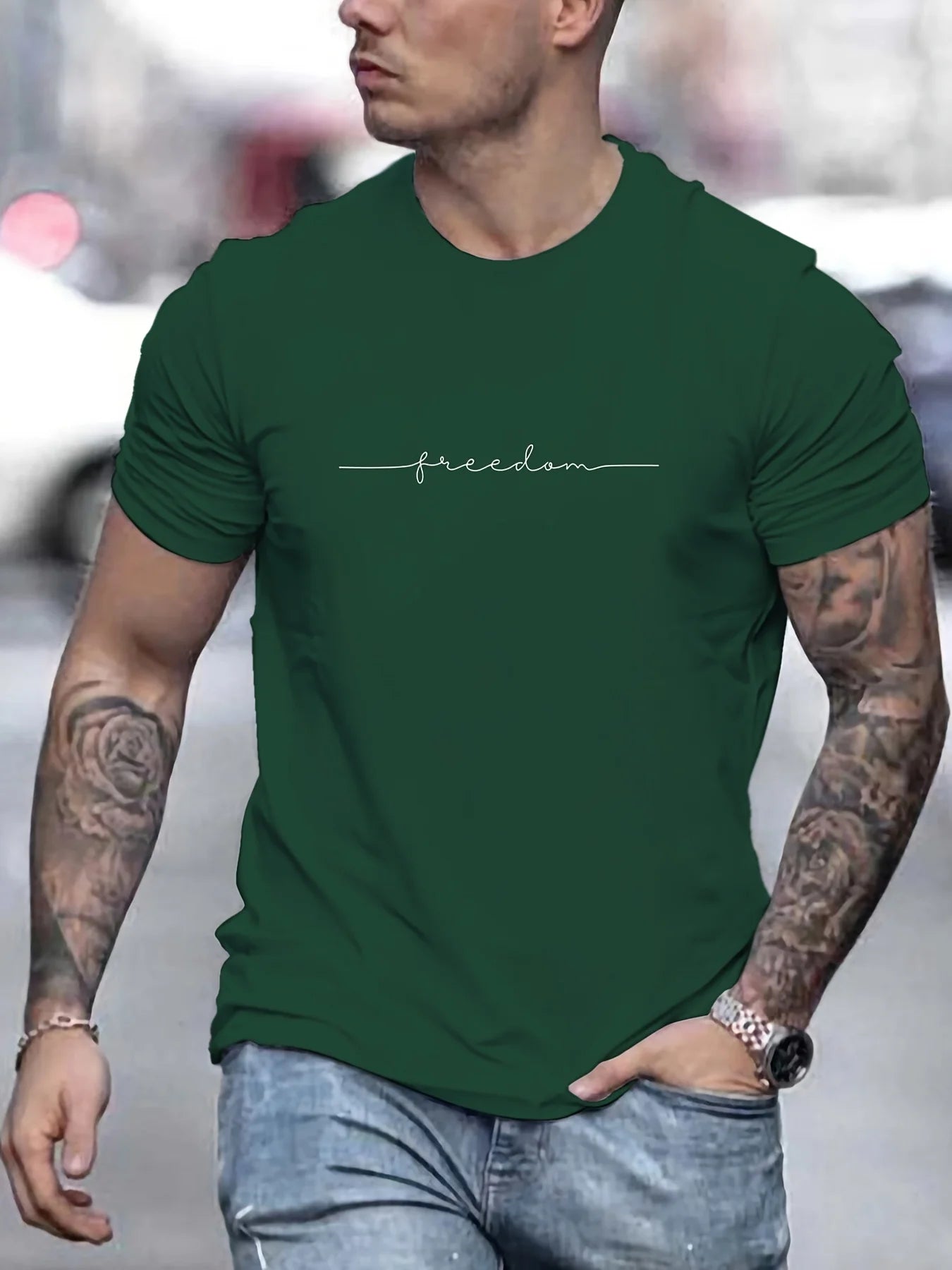 Men's Summer Loose Size 100% Cotton Freedom Graph Print Casual Slim Fit Round Neck T-shirt