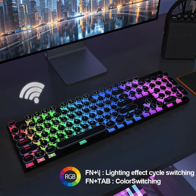 Wireless Punk Typewriter Mechanical Keyboard Round Keycaps And RGB 104-Key Game Office Triple Mode Wireless 5.0/2.4G/Wired E