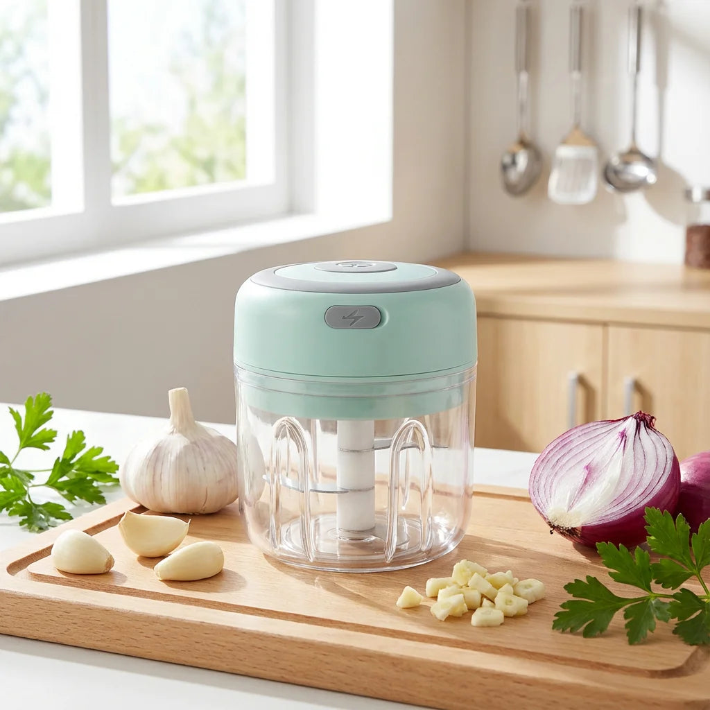 Premium 250ML Electric Garlic Chopper, Wireless USB Rechargeable, Sharp Blades, Transparent Cup, Ideal for Kitchen & Baby Food
