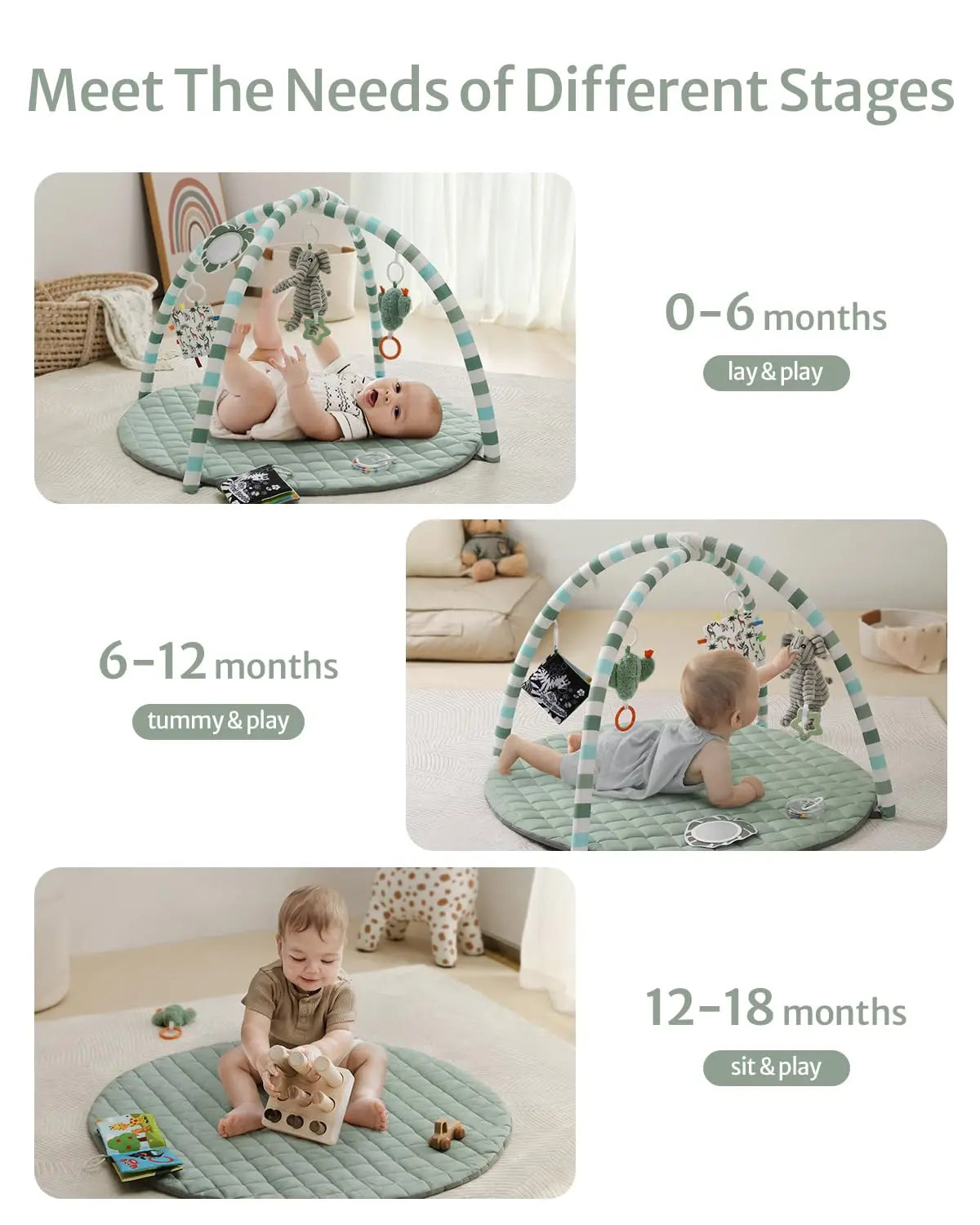 Baby Play Gym Mat with 6 Detachable Toys for Sensory Motor Skill Development, Easy Install Clean, Sage Green Gift