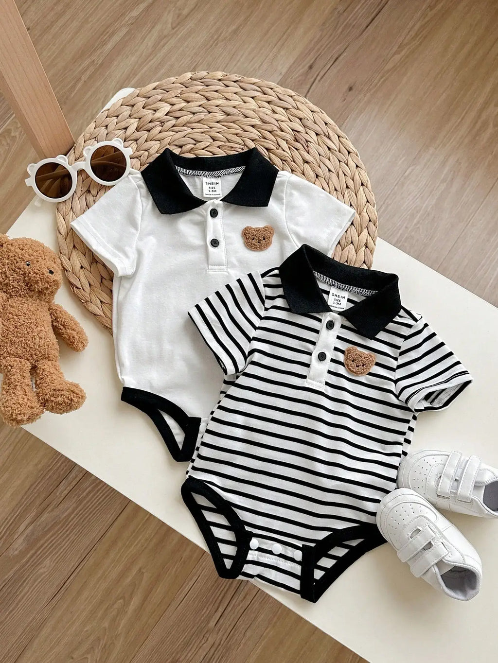 2pcs Set Newborn Baby Boys Cute Casual Striped Knit Short Sleeve Polo Bodysuit Outfit, Suitable For Birthday Party