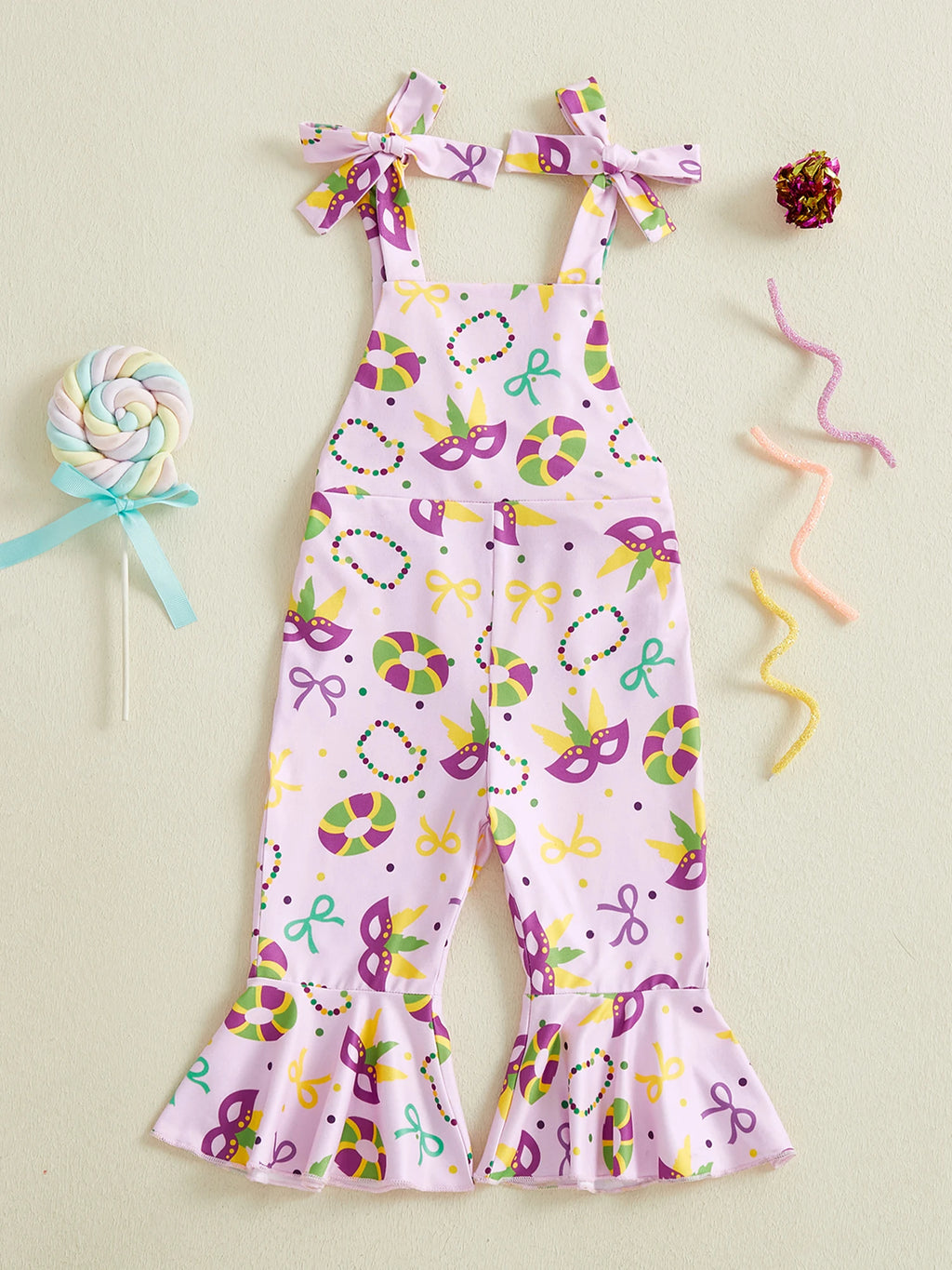 Infant Girls Romper with Printed Design Adjustable Spaghetti Straps and Stylish Bell Bottom Overalls