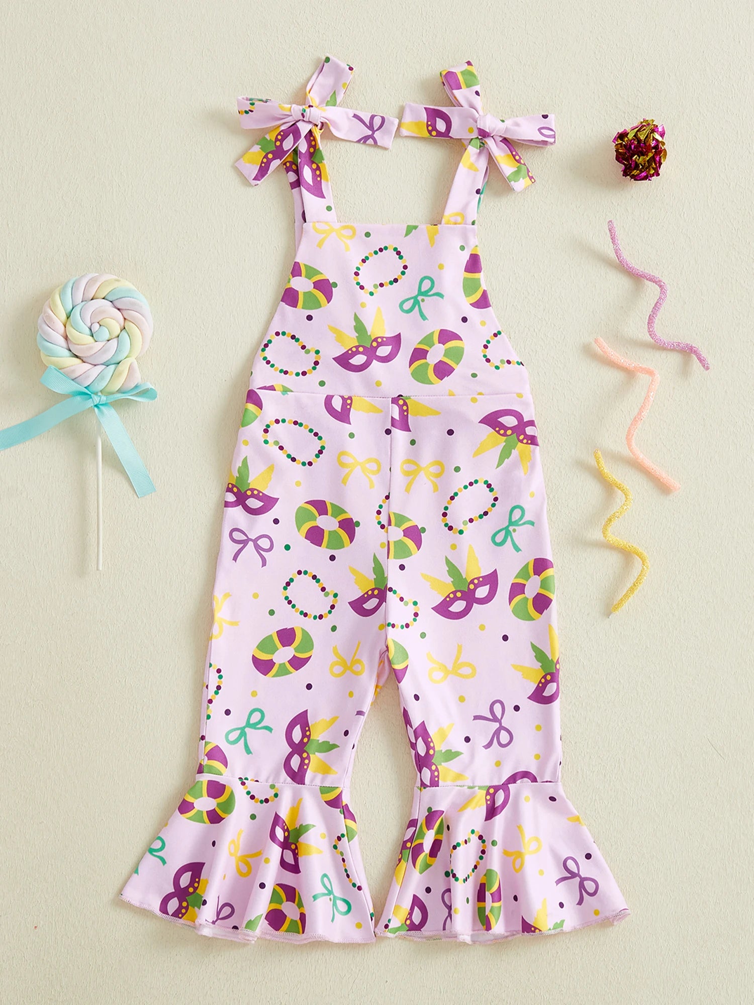 Infant Girls Romper with Printed Design Adjustable Spaghetti Straps and Stylish Bell Bottom Overalls
