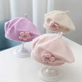 Flower Baby Beret Hat Winter Warm Knitted Beanie Cap for Infant Girls Toddler Princess Artist Solid Color Painter Caps