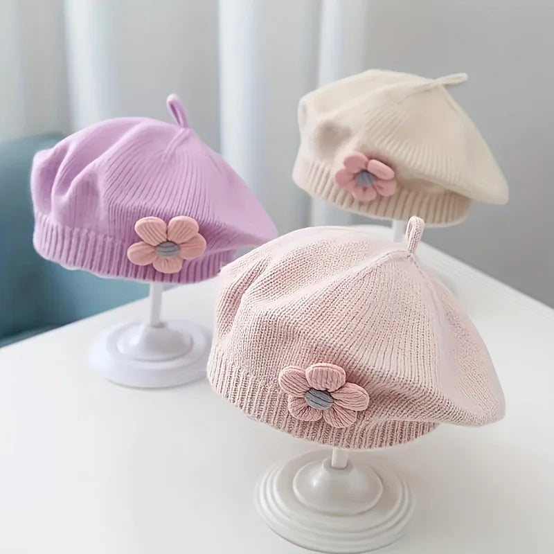 Flower Baby Beret Hat Winter Warm Knitted Beanie Cap for Infant Girls Toddler Princess Artist Solid Color Painter Caps