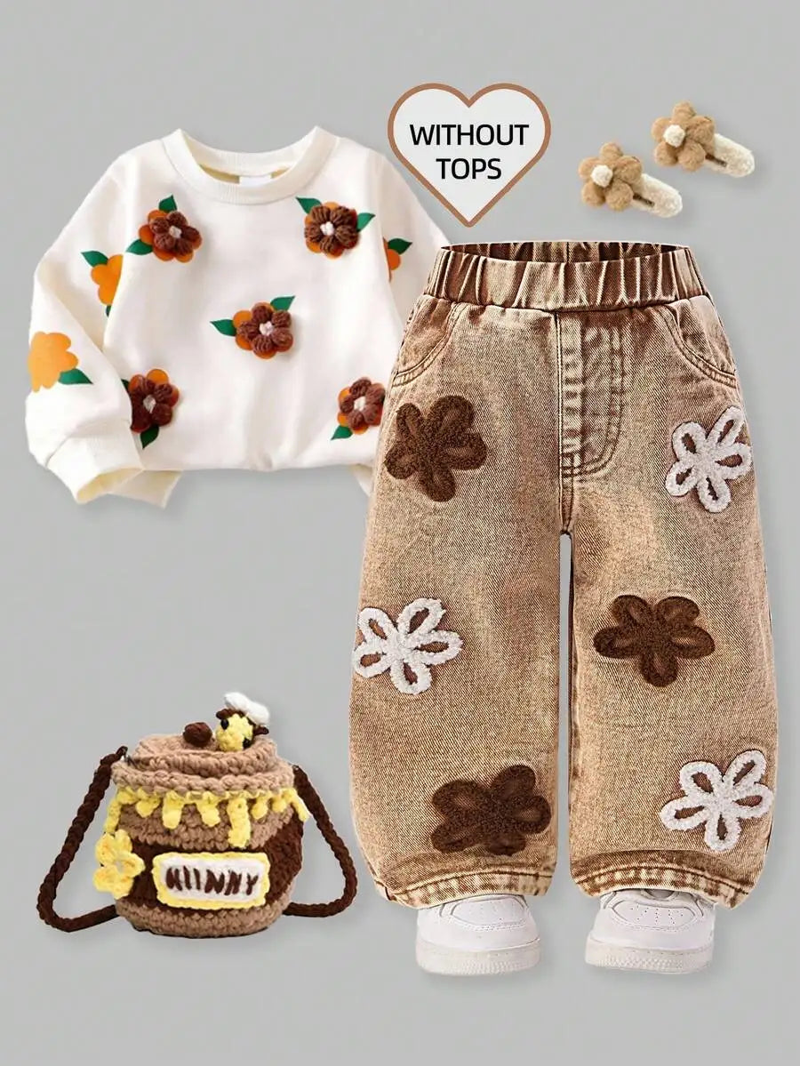 Toddler Girl Denim Pants with Crochet Flower Applique, Loose Fit Blue Jeans for Spring Fall