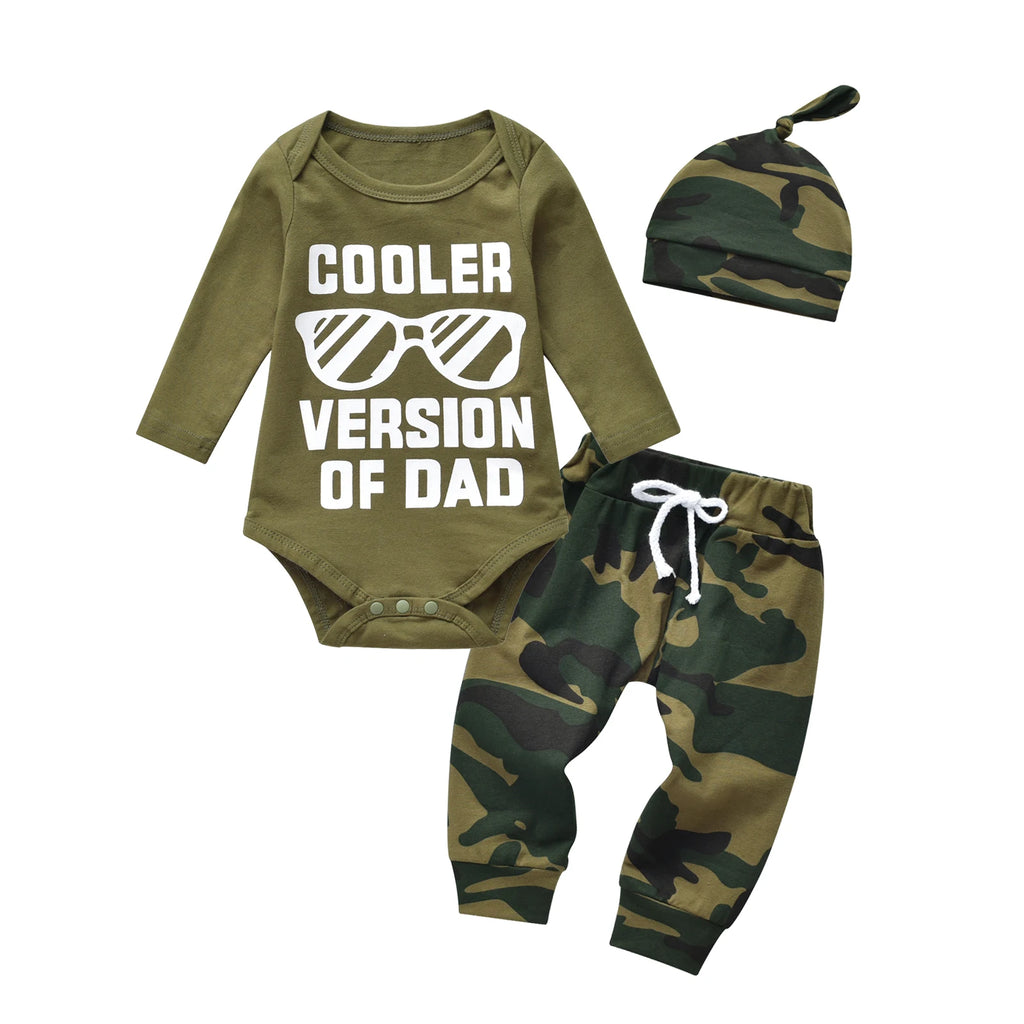 Newborn Infant Baby Boy Clothes Long Sleeve Letter Printed Bodysuit Tops Camouflage Pants Hat 3pcs Outfits Set