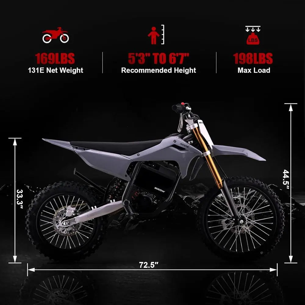 KOOZ 72V 8000W Electric Dirt Bike or Adult,HP131E-L Electric-Motorcycle with 35AH Lithium Battery,Top Speed 56 MPH with 19"/16"