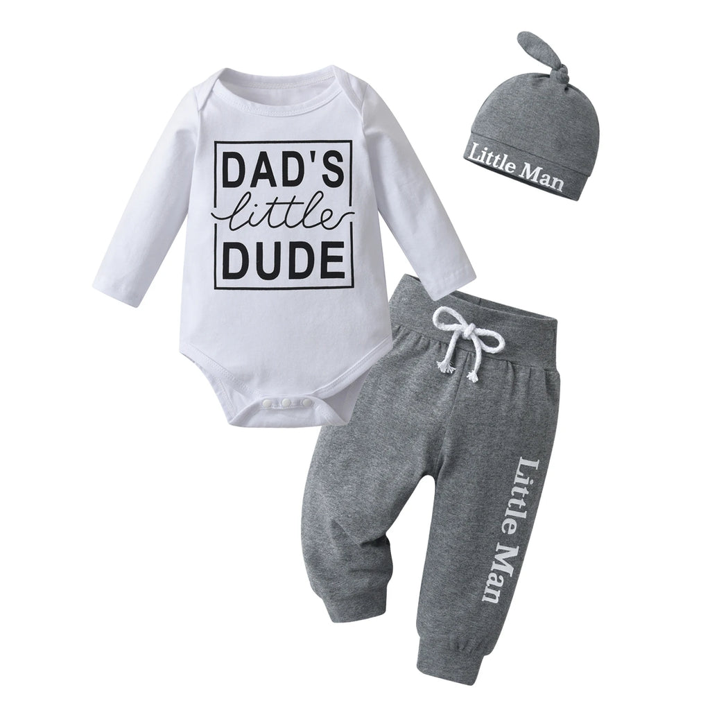 Newborn Infant Baby Boy 3PCS Clothes Set Long Sleeve Letters Printed Bodysuit Top and Pants with Hat Outfits
