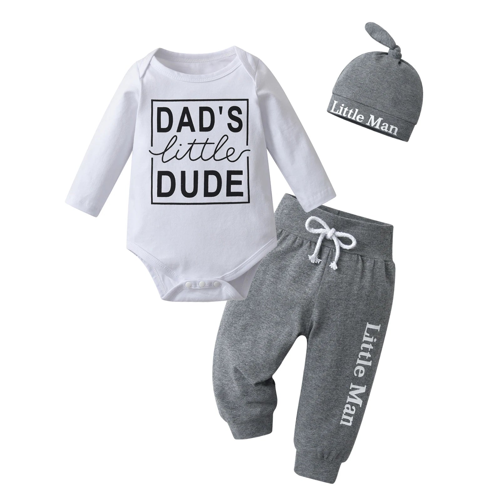 Newborn Infant Baby Boy 3PCS Clothes Set Long Sleeve Letters Printed Bodysuit Top and Pants with Hat Outfits