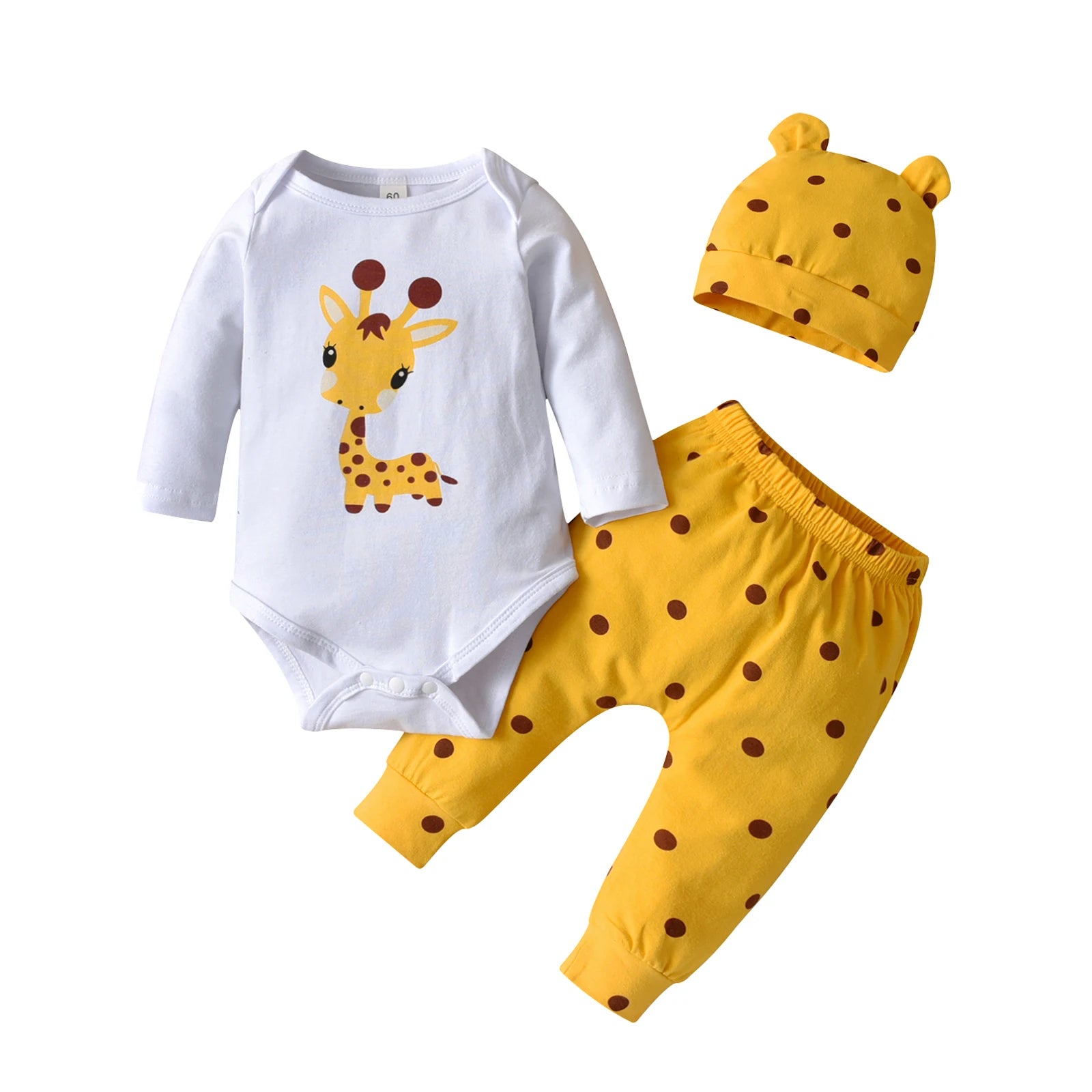 Newborn Baby Girl Clothes Long Sleeve Giraffe Print Romper Tops Dot Pants With Hat Infant Outfits Set