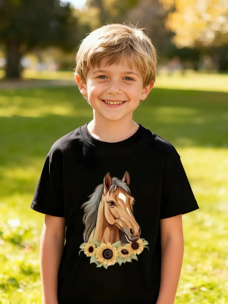 Kids Children's Cotton T-Shirt Grazing Horse with Sunflower Field Background for Boys Girls, Country Style